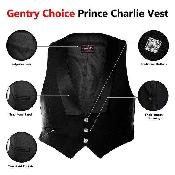 Mens Prince Charlie Scottish Bagpipe Jacket & Waistcoat Vest Black Formal Wear - Picture 9 of 10